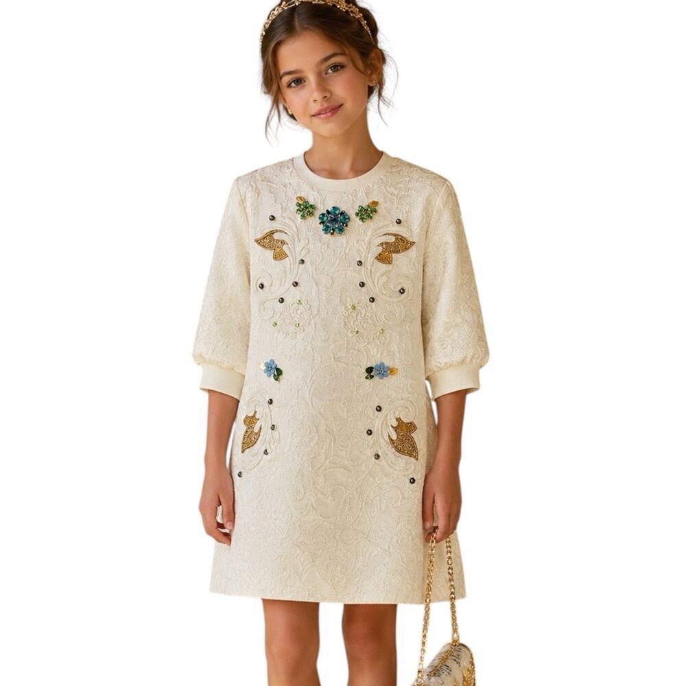 AUTH D&G Dolce & Gabbana Jr Girls 11/12 Ivory Silk Brocade Jeweled Crystal Dress